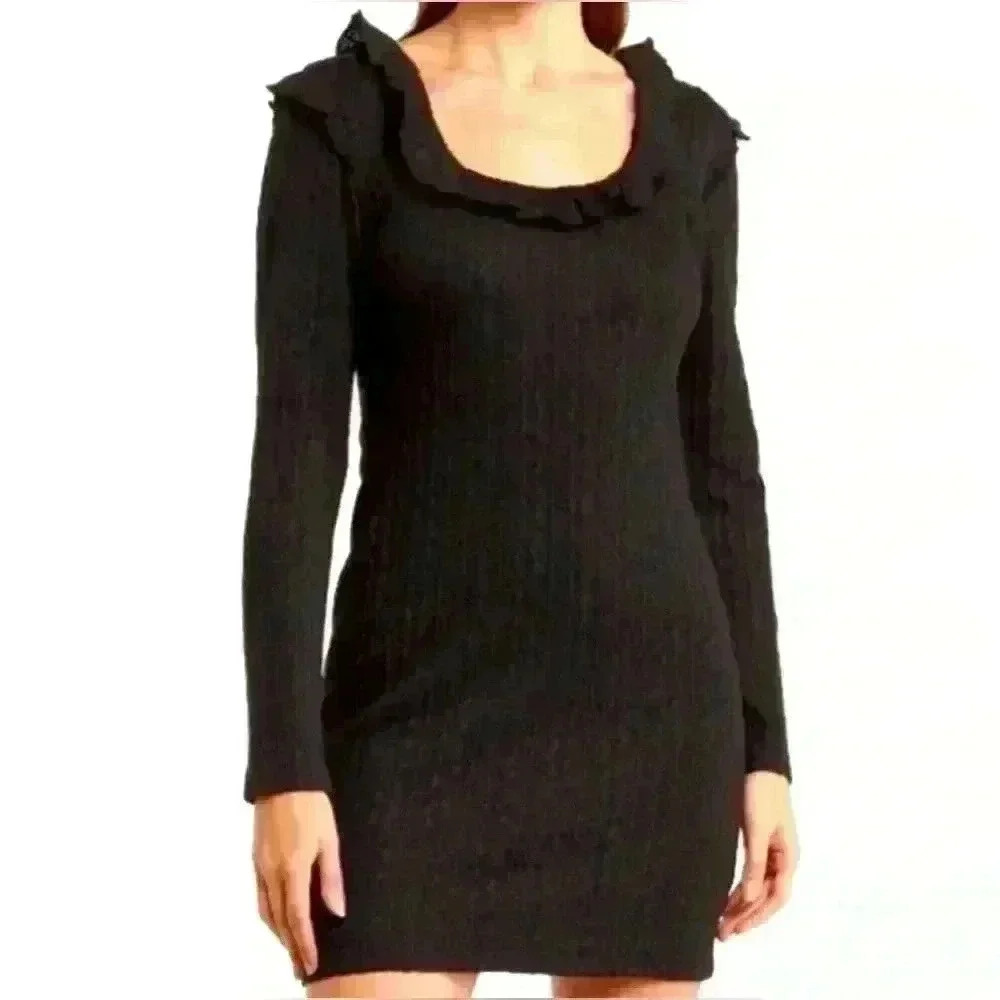 19 Cooper Ruffle Long Sleeve Knit Dress Black Mini Dress Size Extra Large